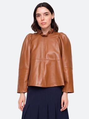 Sea NY Lora Leather Ruffled Neck Top in Caramel Size 00